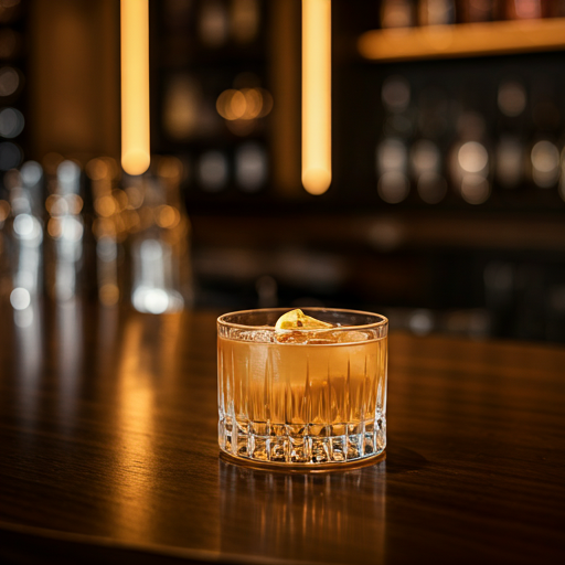 Minimalist aesthetic photo of a modern cocktail bar with clean lines, soft warm lighting, and focused composition on a single drink.